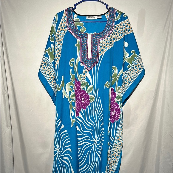 Vibrant Blue and Purple Kaftan with Tropical Print OS - Picture 1 of 12